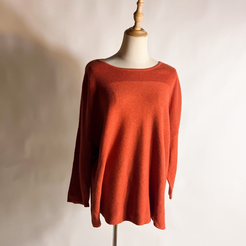 CHICOS Orange Directional Ribbed Knit Drop Shoulder 3/4 Sleeve Sweater 3/XL